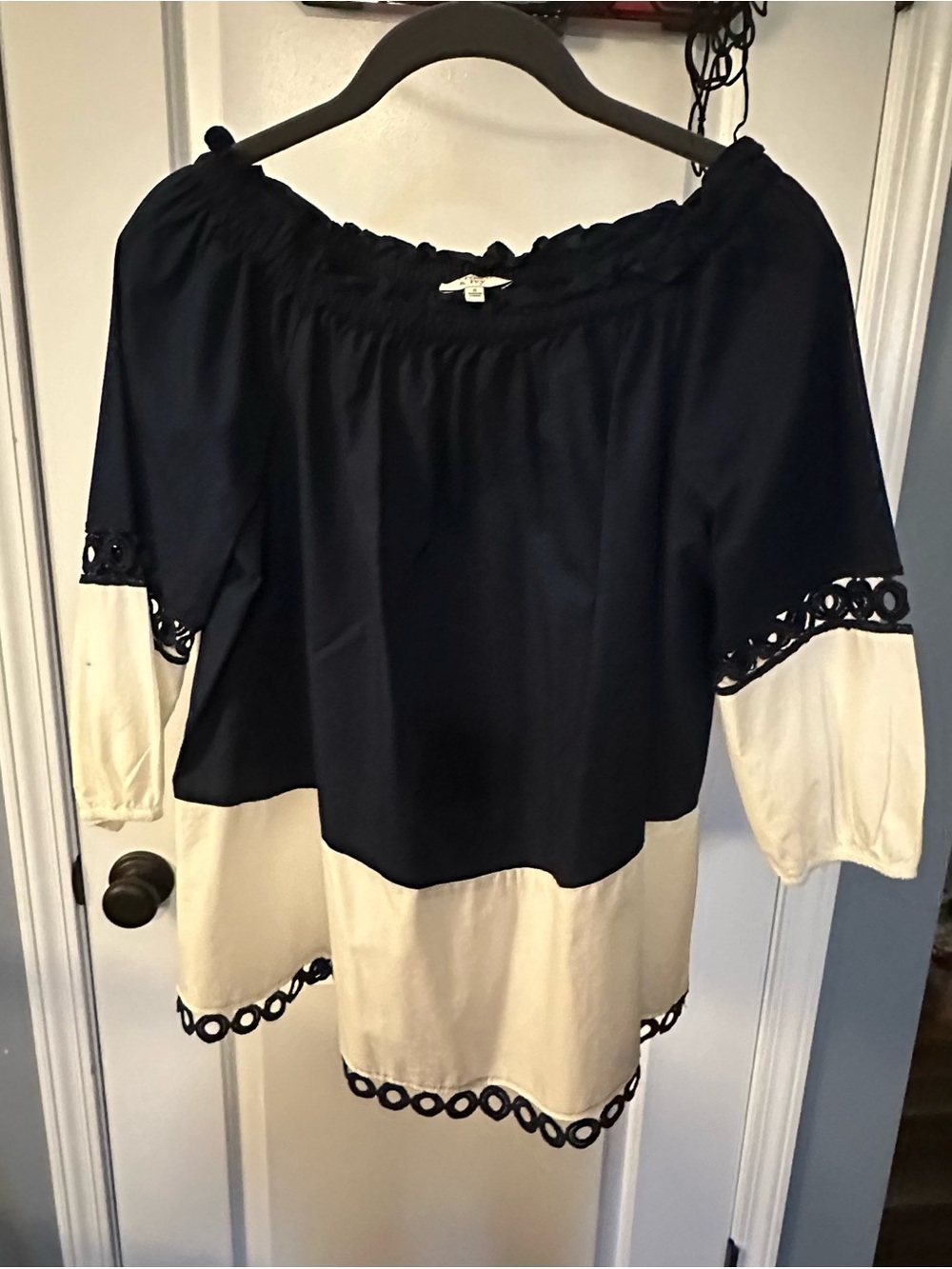crown & ivy Navy and Cream Off-Shoulder Colorblock Tunic